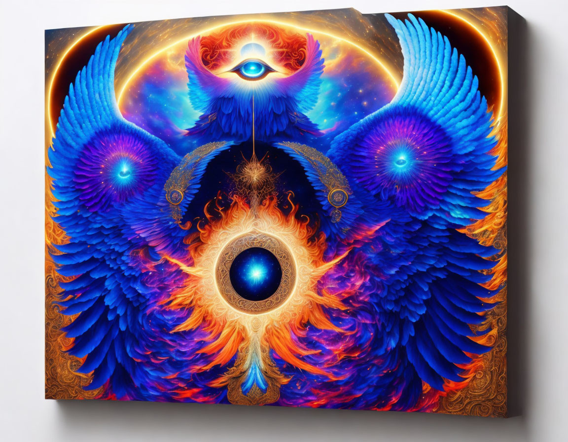 Celestial phoenix digital artwork with multiple eyes and fiery core