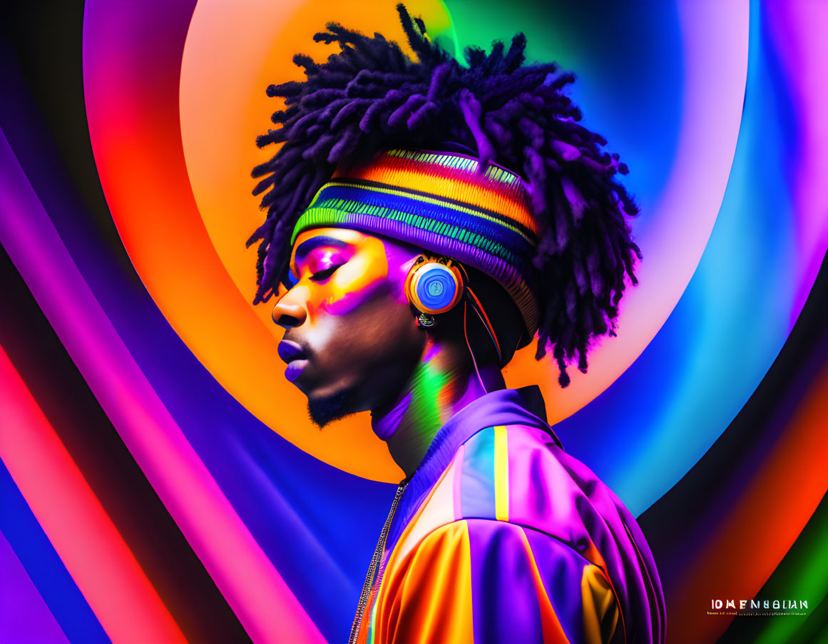 Colorful Neon Face Paint with Headphones Against Vibrant Spiral Background