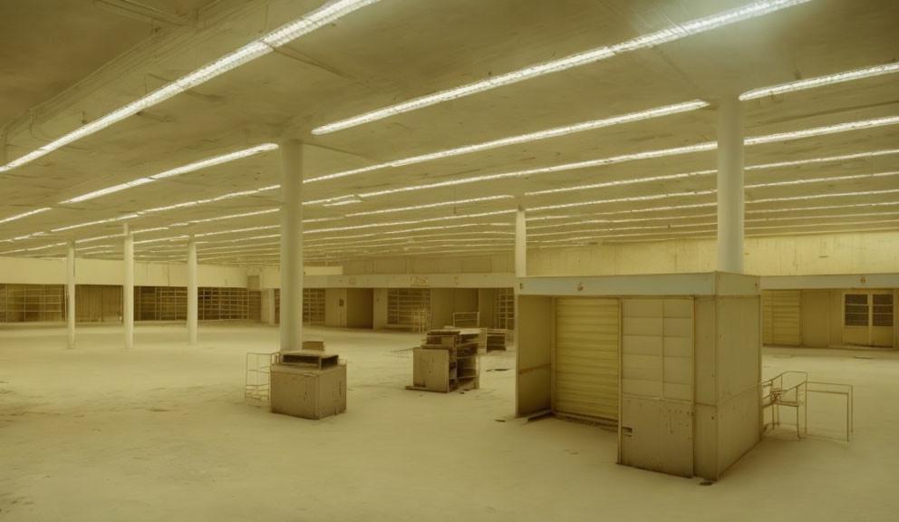 Spacious industrial warehouse with high ceiling and scattered objects