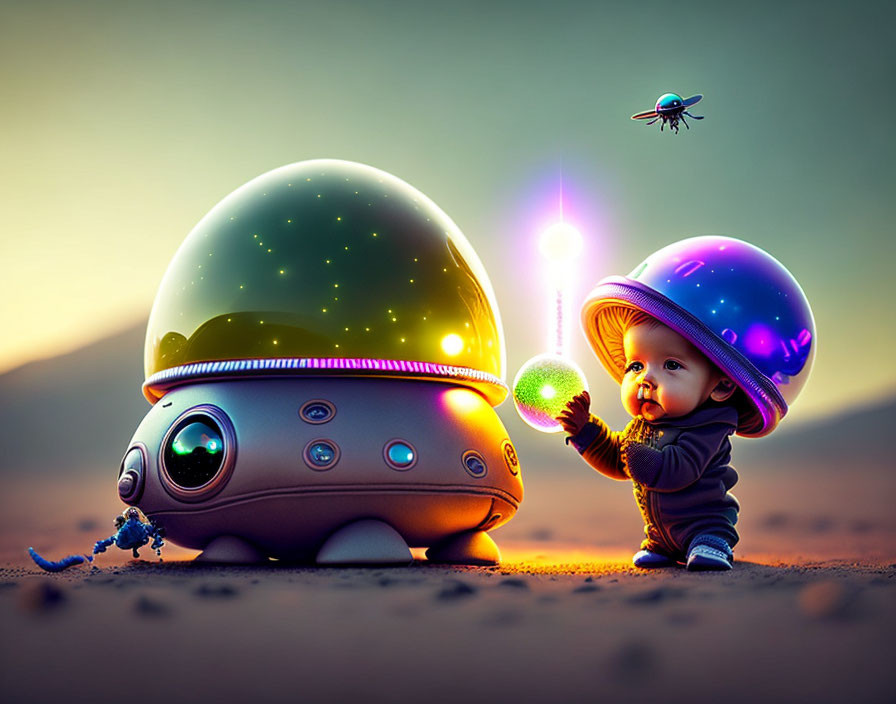 Baby in space helmet with whimsical robot and floating drone under starry sky