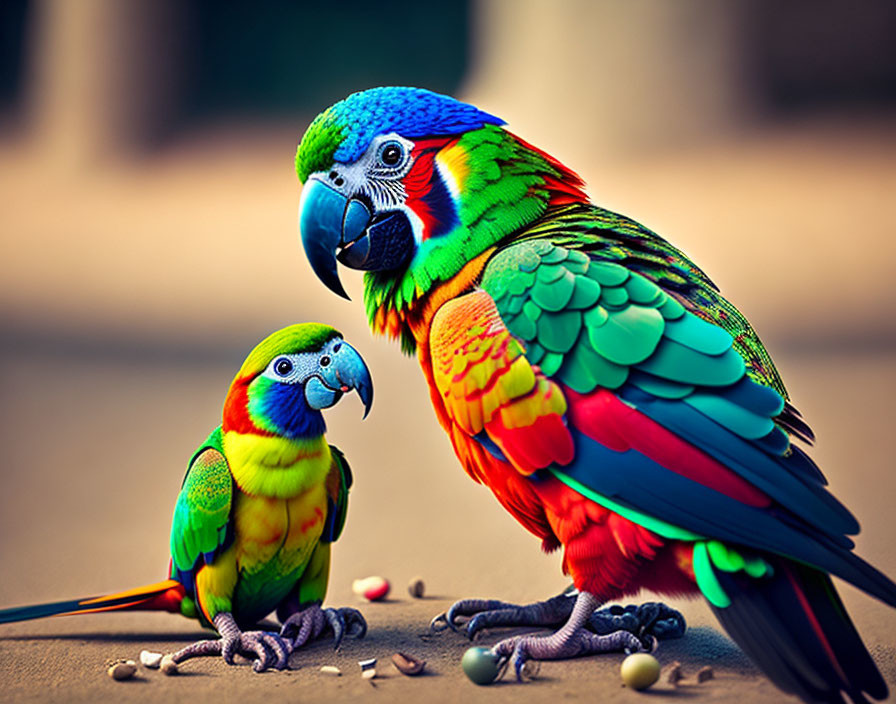 Colorful Large and Small Parrots Sitting Together with Soft Background