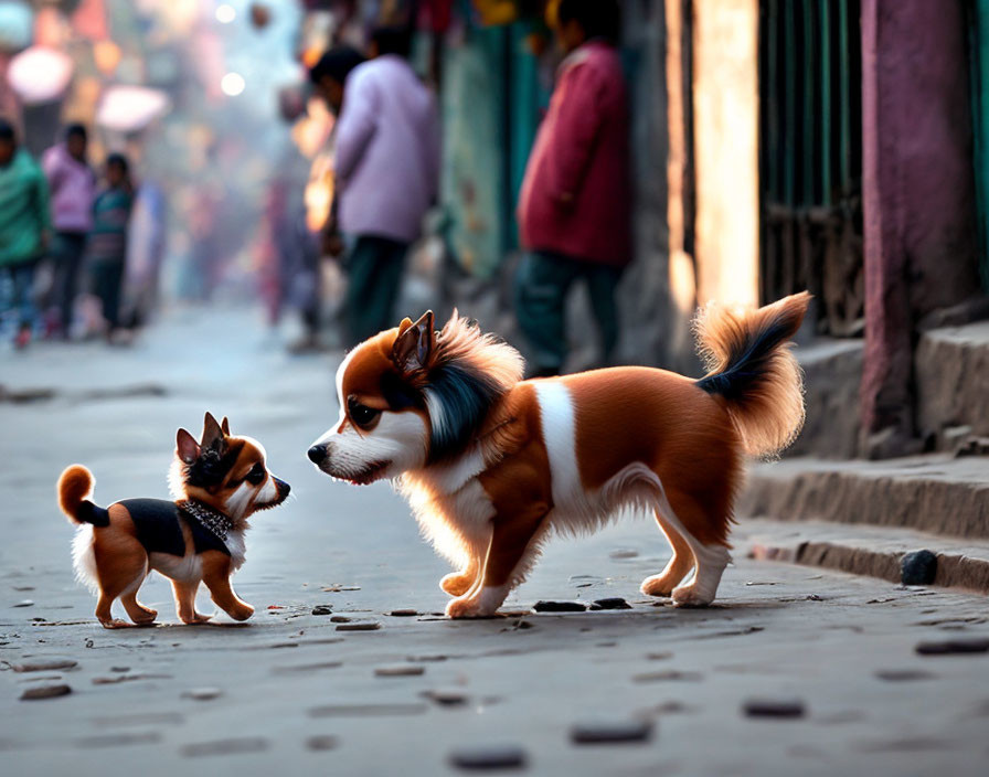 Two small dogs meeting on city street with pedestrians in background