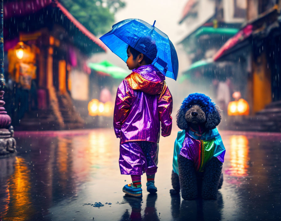 Child in Purple Raincoat with Blue Umbrella and Dog in Matching Raincoat on Rainy Street