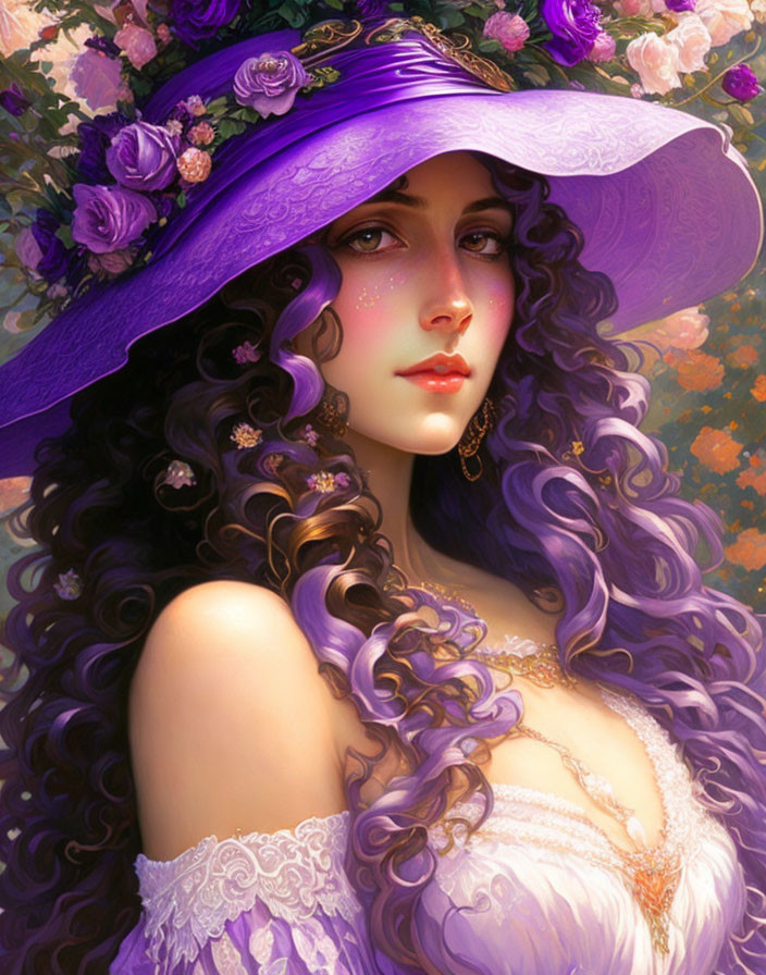 Curly-haired woman in purple hat with roses on floral background