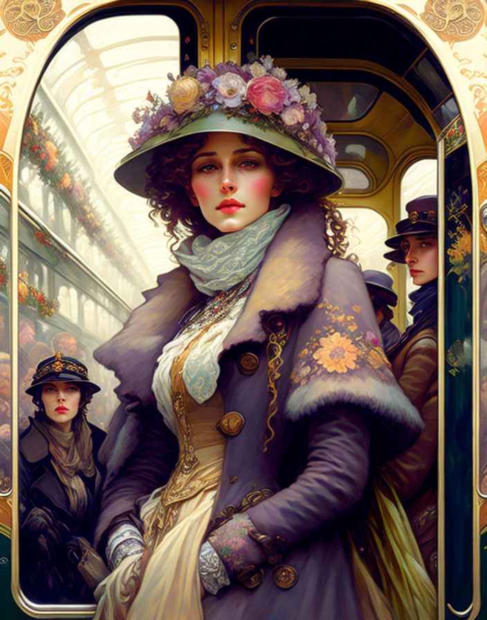 Vintage Woman Portrait in Ornate Outfit with Floral Hat in Luxurious Train Carriage