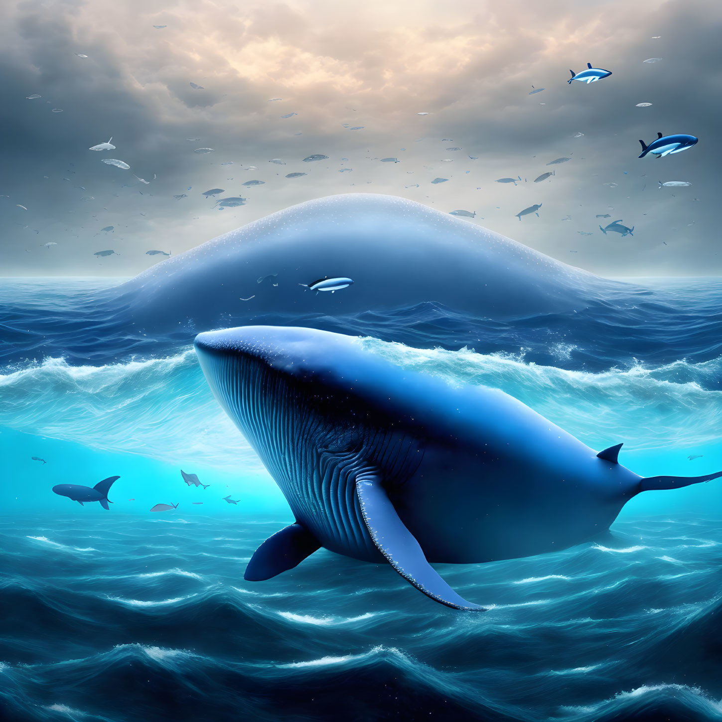 Giant blue whale swimming with cresting wave and fishes in deep ocean scene