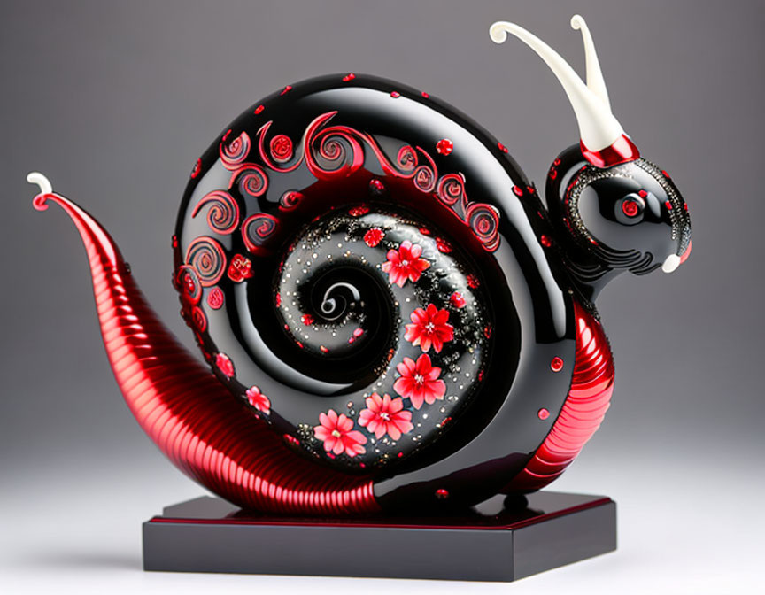 Stylized snail sculpture with black and red glossy shell and pink flowers on grey background