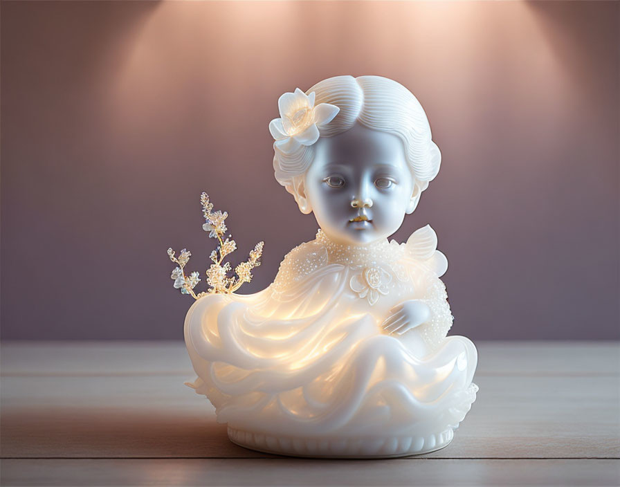 Porcelain woman figurine with floral adornments under soft lighting