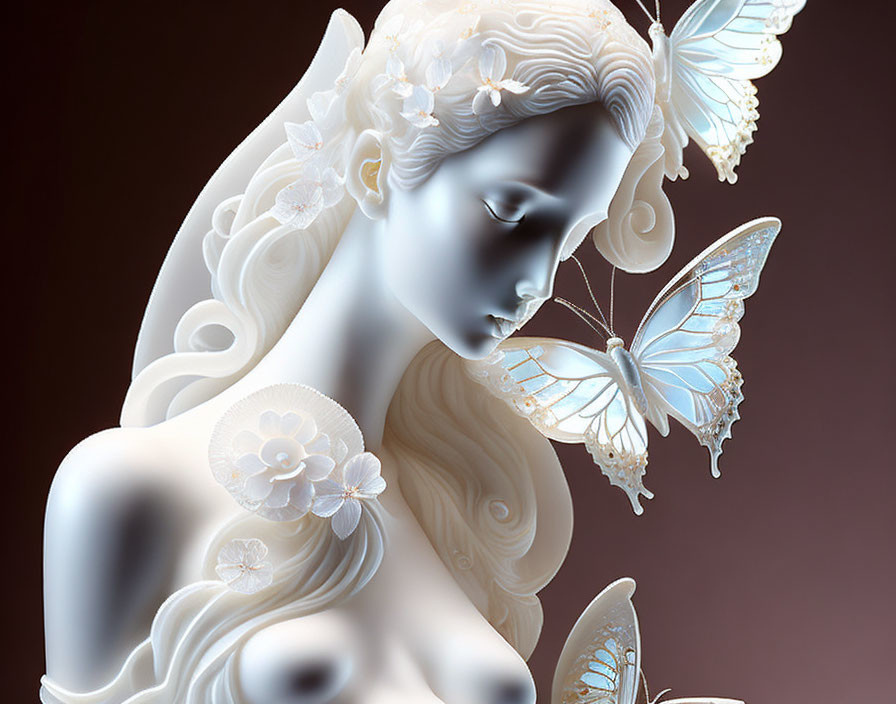 Intricate floral hair details on alabaster statue with blue butterflies