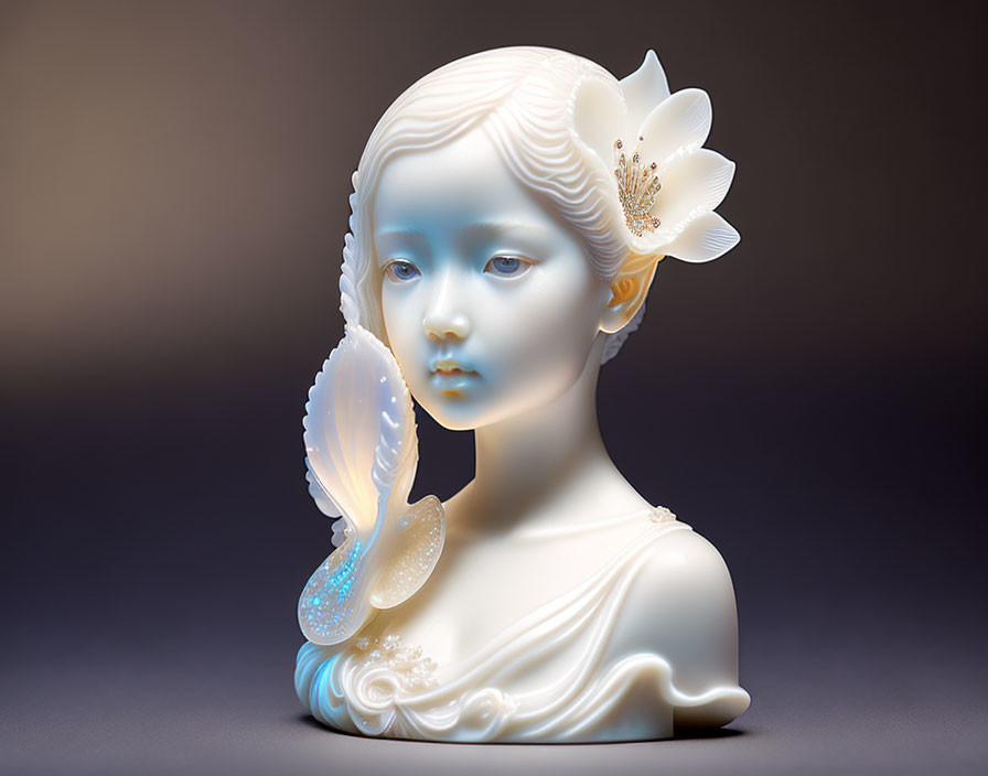 Porcelain sculpture of girl with shells and floral details on gradient background