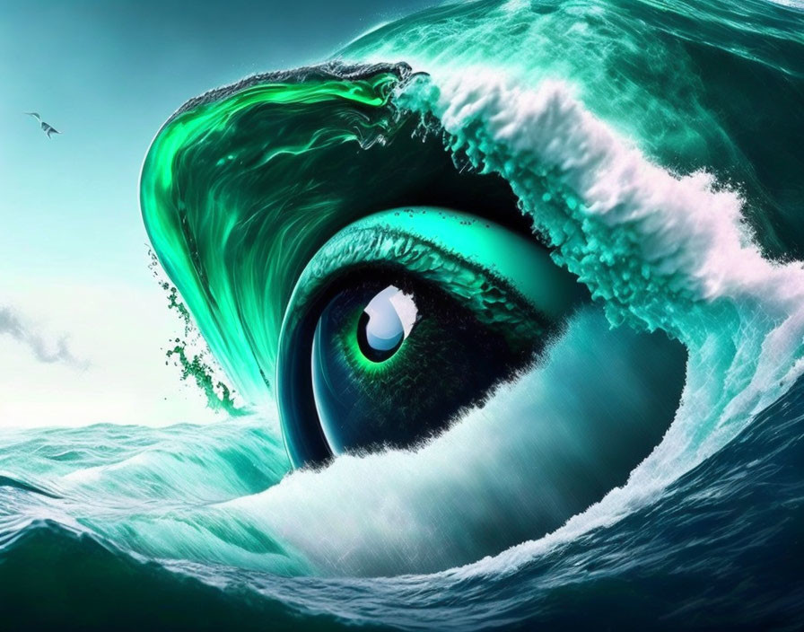 Surreal image: Giant eye merges with towering ocean wave