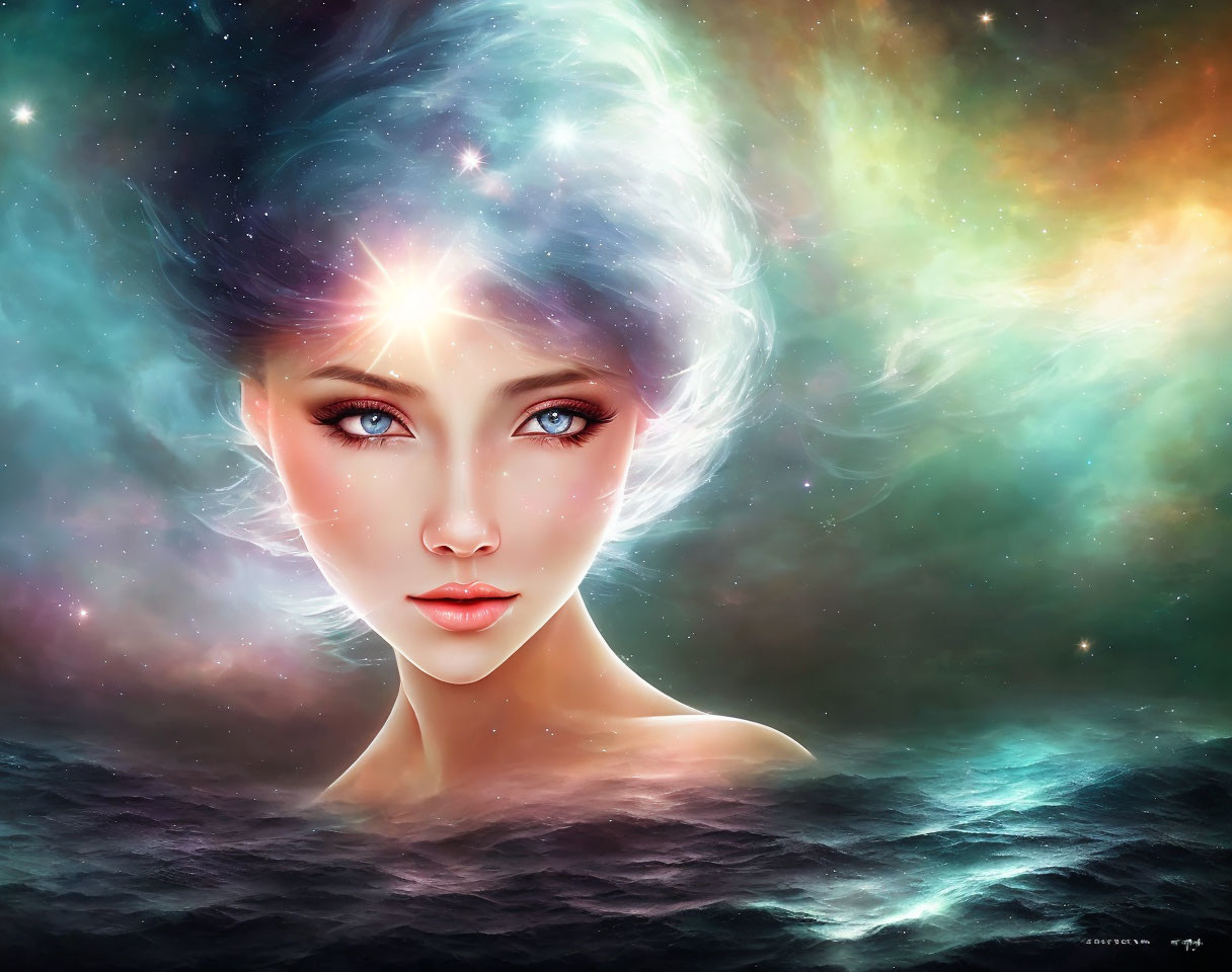 Digital artwork: Woman with galaxy hair & bright stars for an ethereal cosmic look