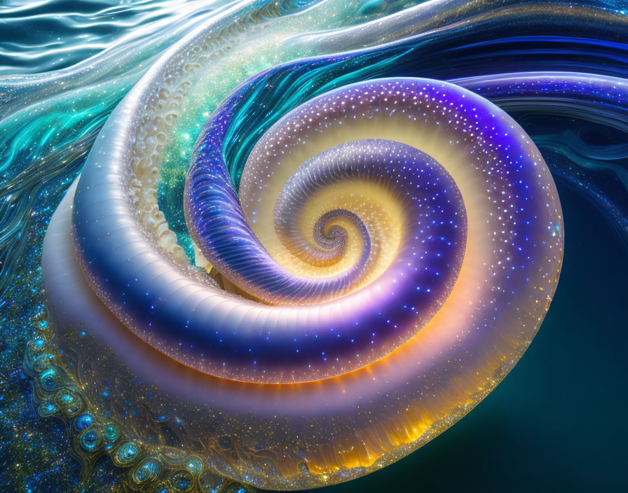 Colorful fractal spiral in blue, purple, and gold with water-like texture