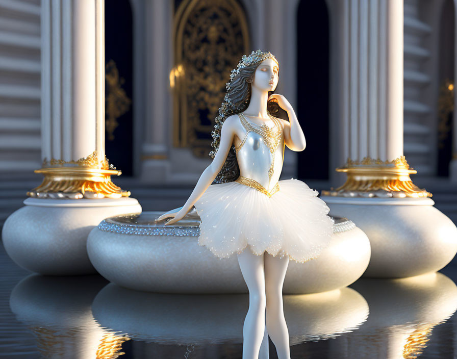 Elegant ballerina in white and gold costume on floating ring by grand building