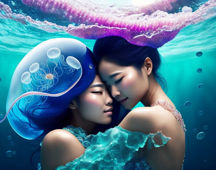 Women with flowing hair surrounded by colorful jellyfish in tranquil underwater scene