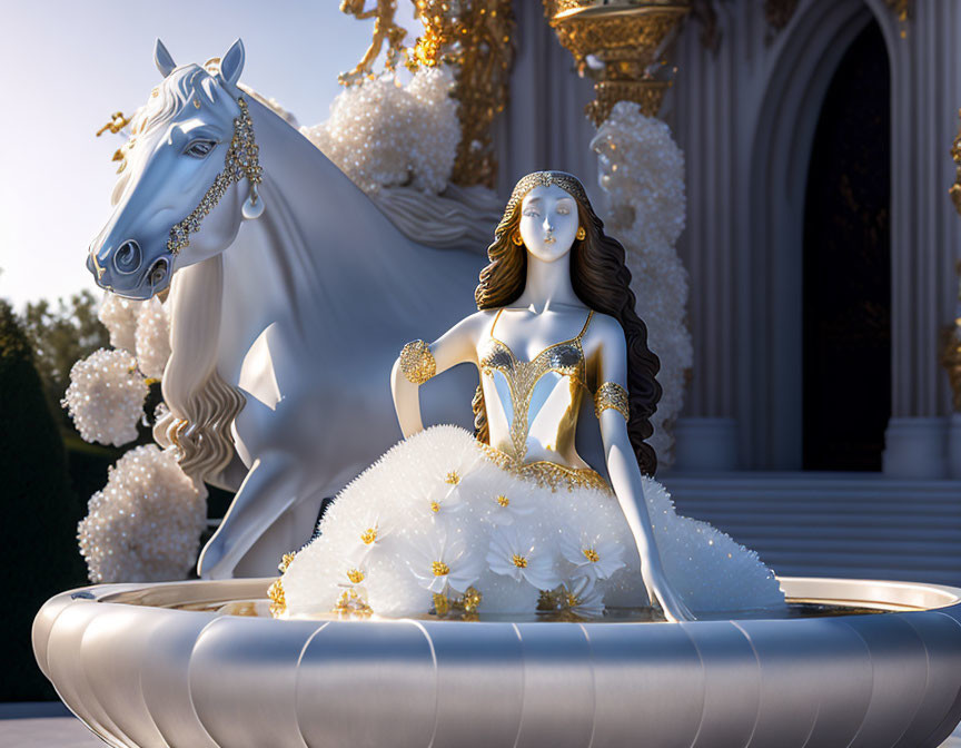 Fantasy 3D rendering of elegant woman in white and gold dress with white horse on fountain