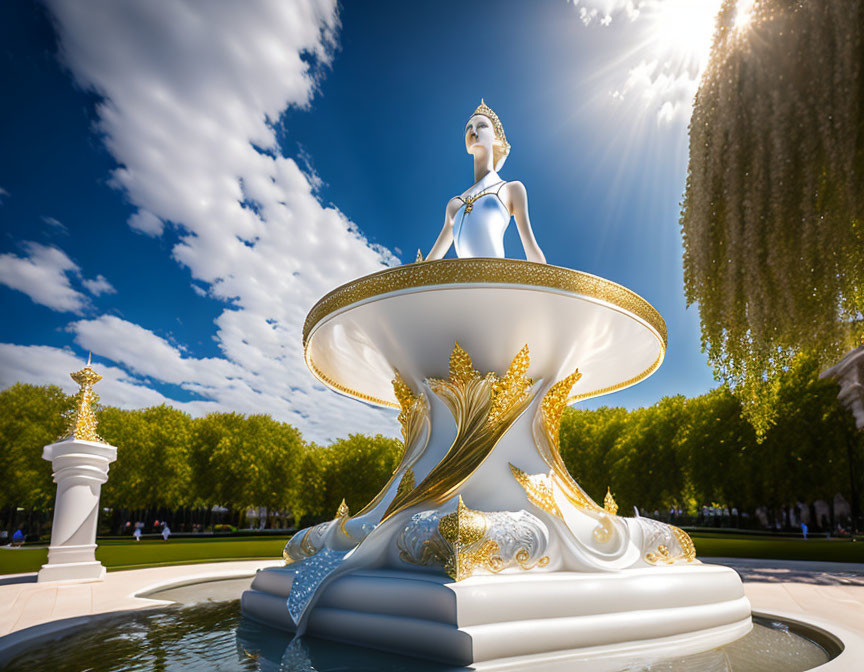 White and Gold Woman Statue on Decorative Fountain with Trees and Blue Sky