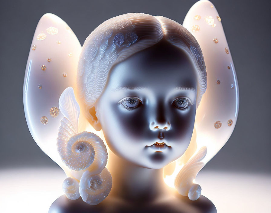 Child with luminous wings and seashell adornments in surreal portrait