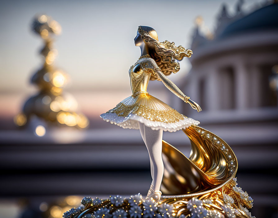 Intricate Dancing Woman Figurine with Golden Dress and Sunset Backdrop