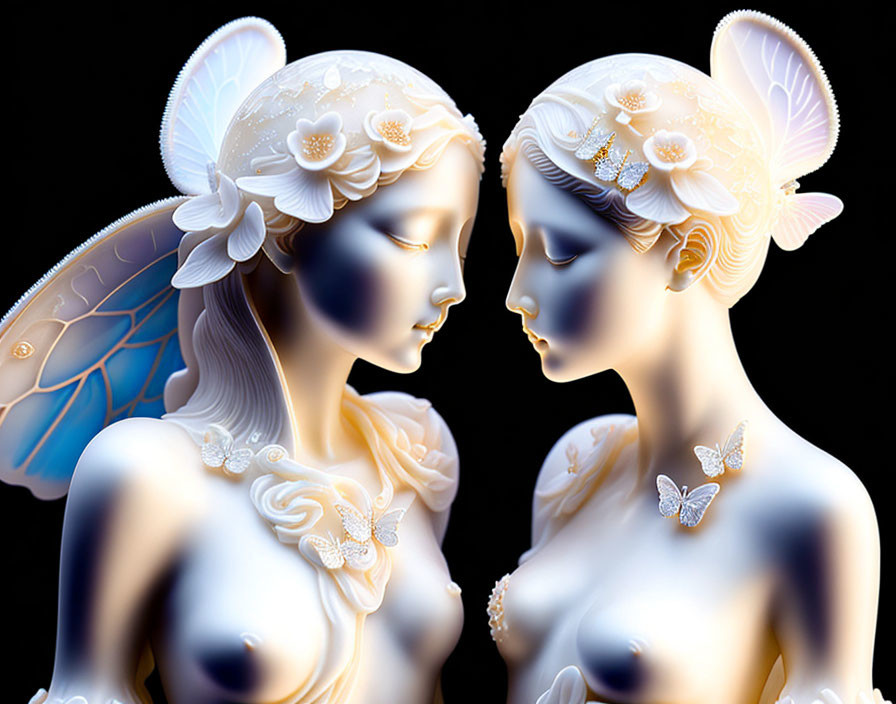 Ethereal female figures with delicate wings and floral decorations