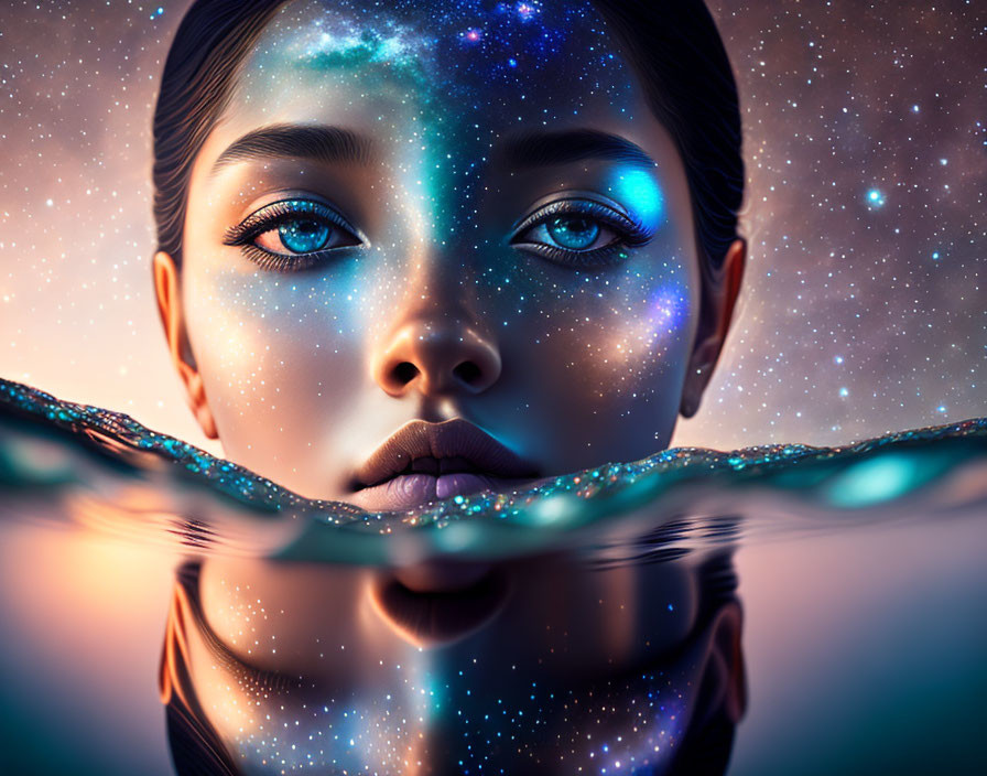 Surreal portrait of woman with galaxy-themed complexion in water.