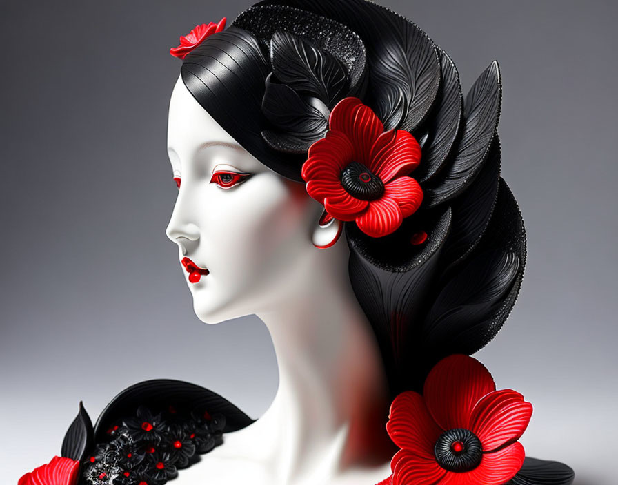 Stylized black hair woman with red flower adornments and pale complexion