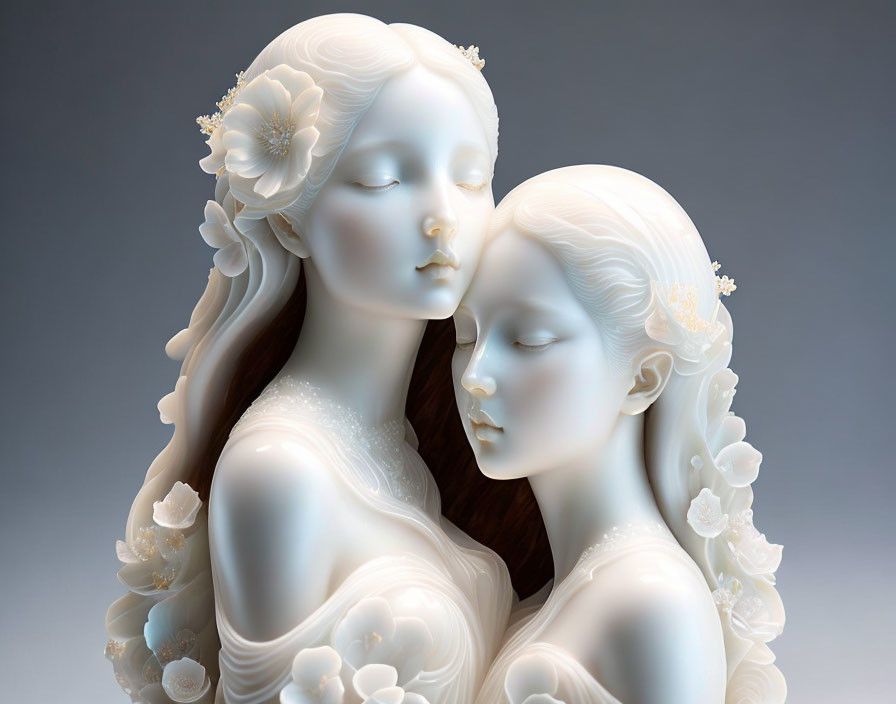 Porcelain-like figurines with delicate floral adornments embracing in serene pose