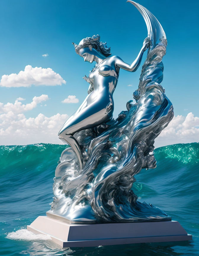 Metallic female statue with crescent moon, rising from ocean waves under clear sky