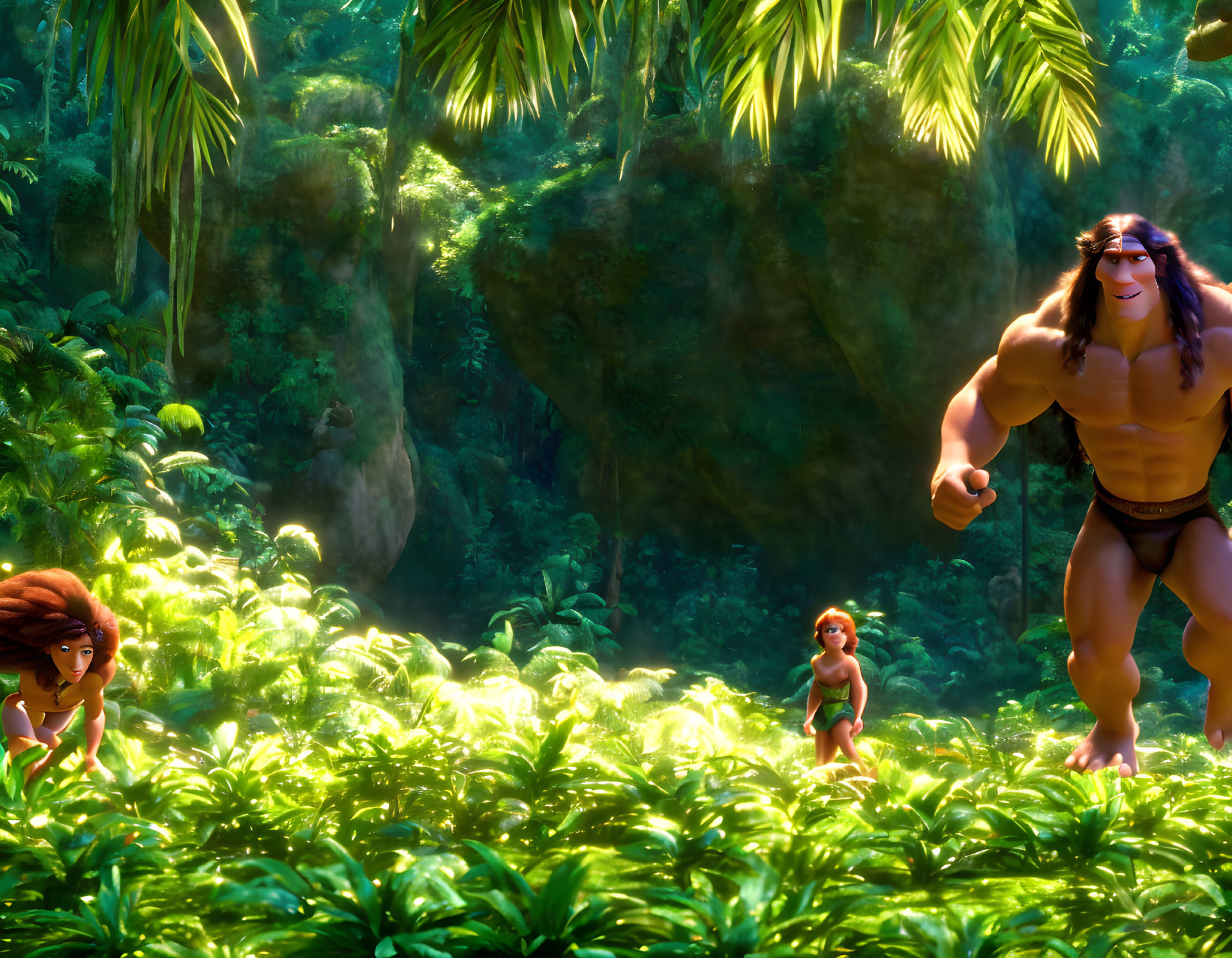 Colorful animated characters in lush jungle setting with large leader.