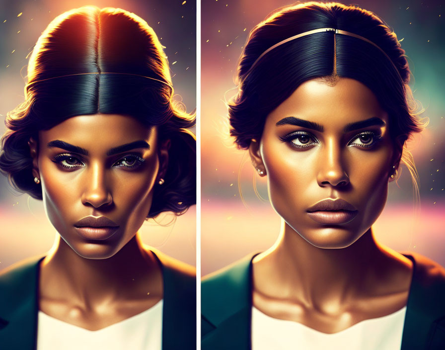 Digital Artwork: Woman with Glowing Skin and Headband on Warm Background