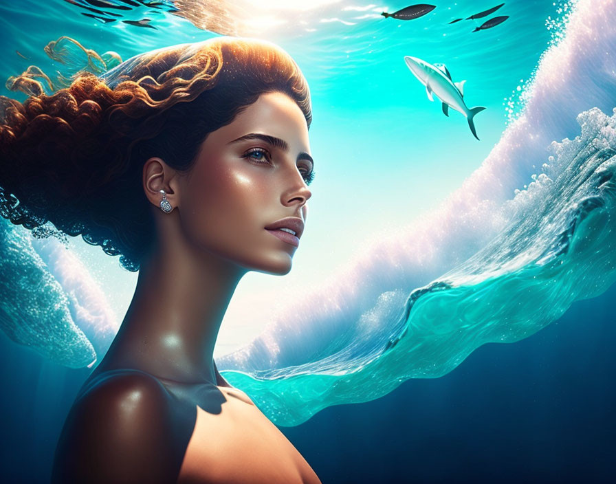 Digital artwork of woman in water with flowing hair, shark, and light rays.