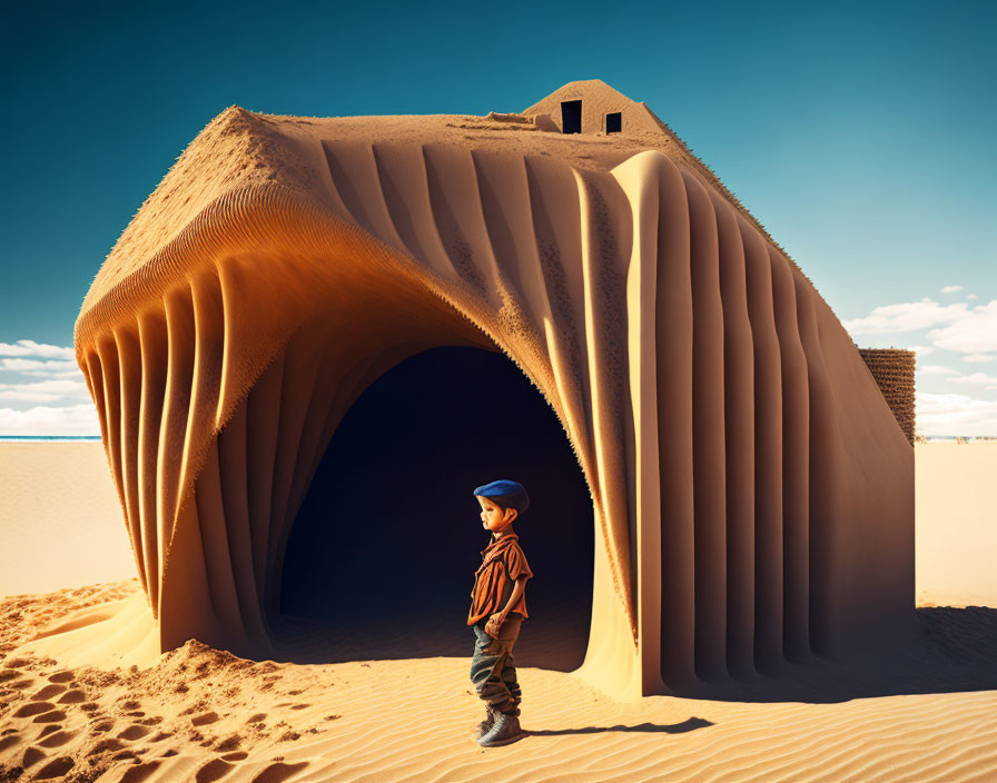 Child admires sand sculpture under clear blue sky