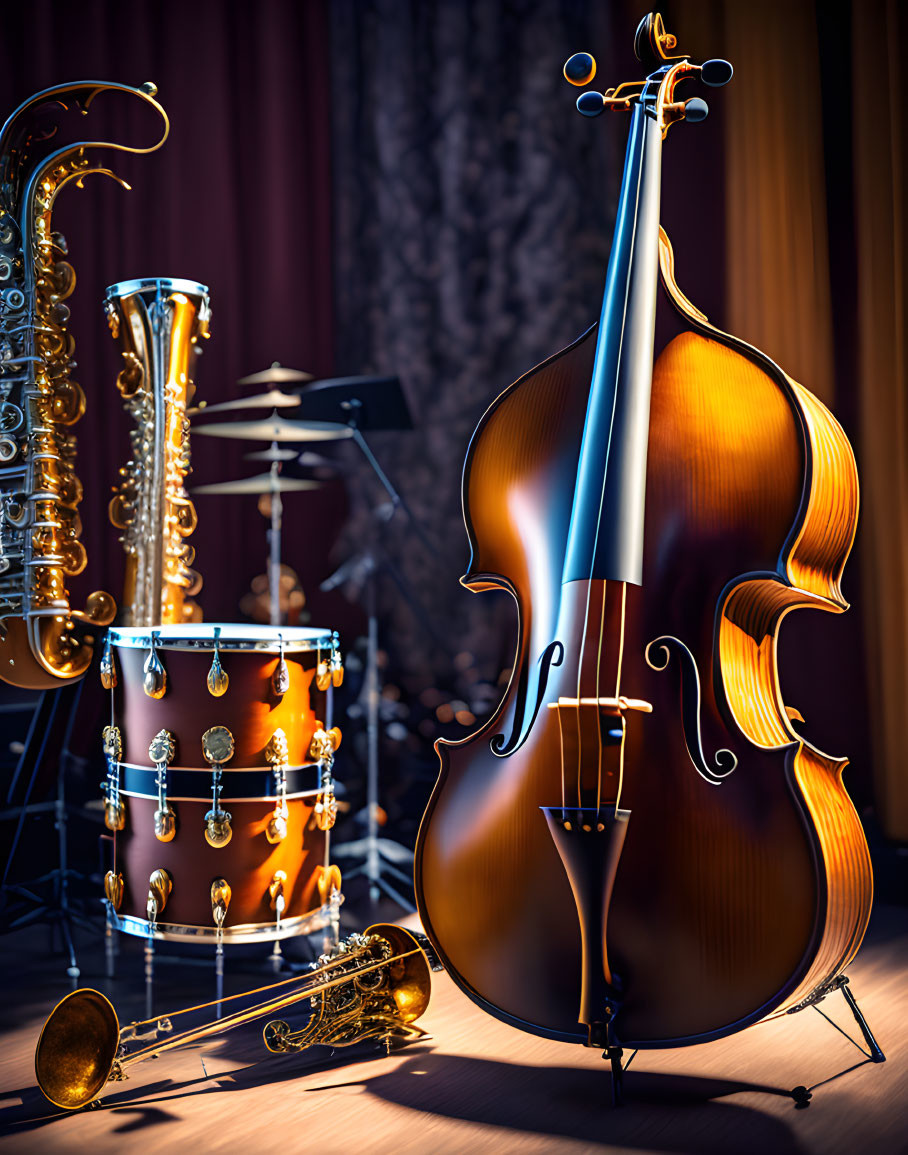 Musical instruments on stage under warm lighting