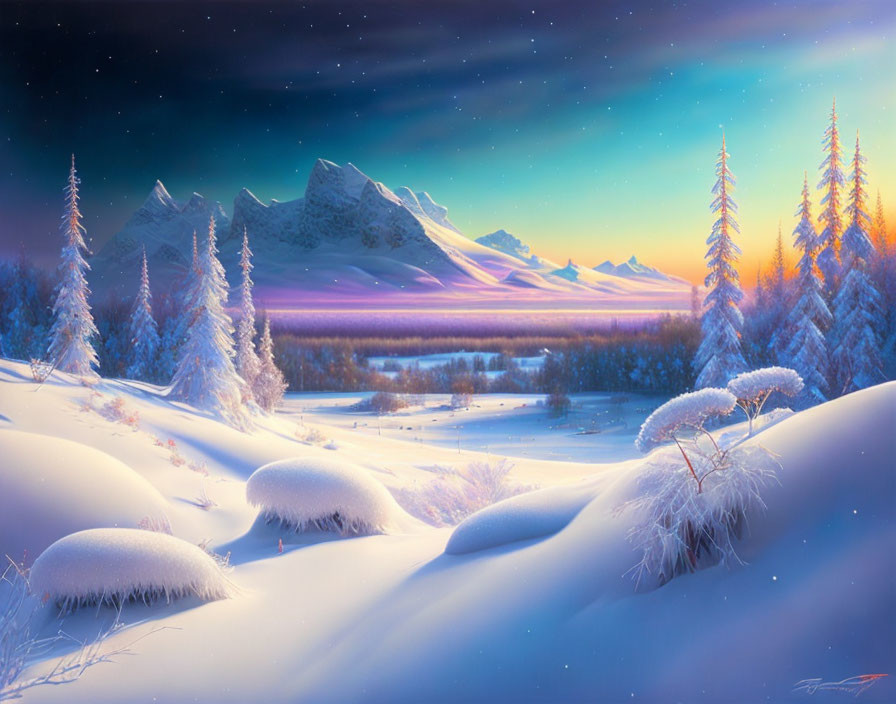 Snowy Winter Landscape with Trees, Mountain, and Starry Sky