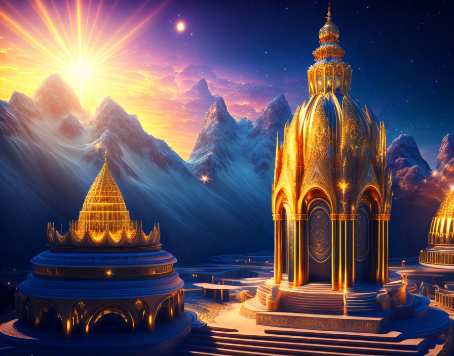 Golden palace with domes in mountainous landscape at sunrise