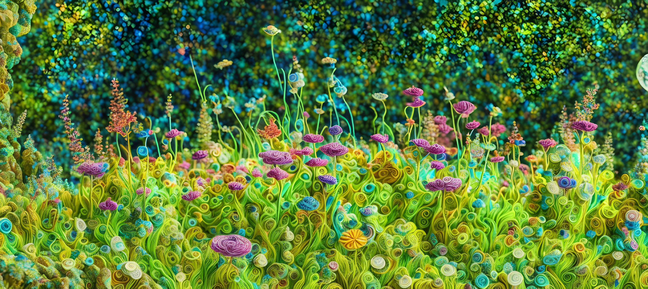 Colorful surreal landscape with unique flowers and swirling green patterns