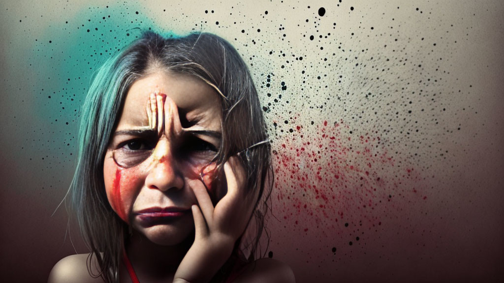 Distressed young girl with painted face and red splatter on canvas