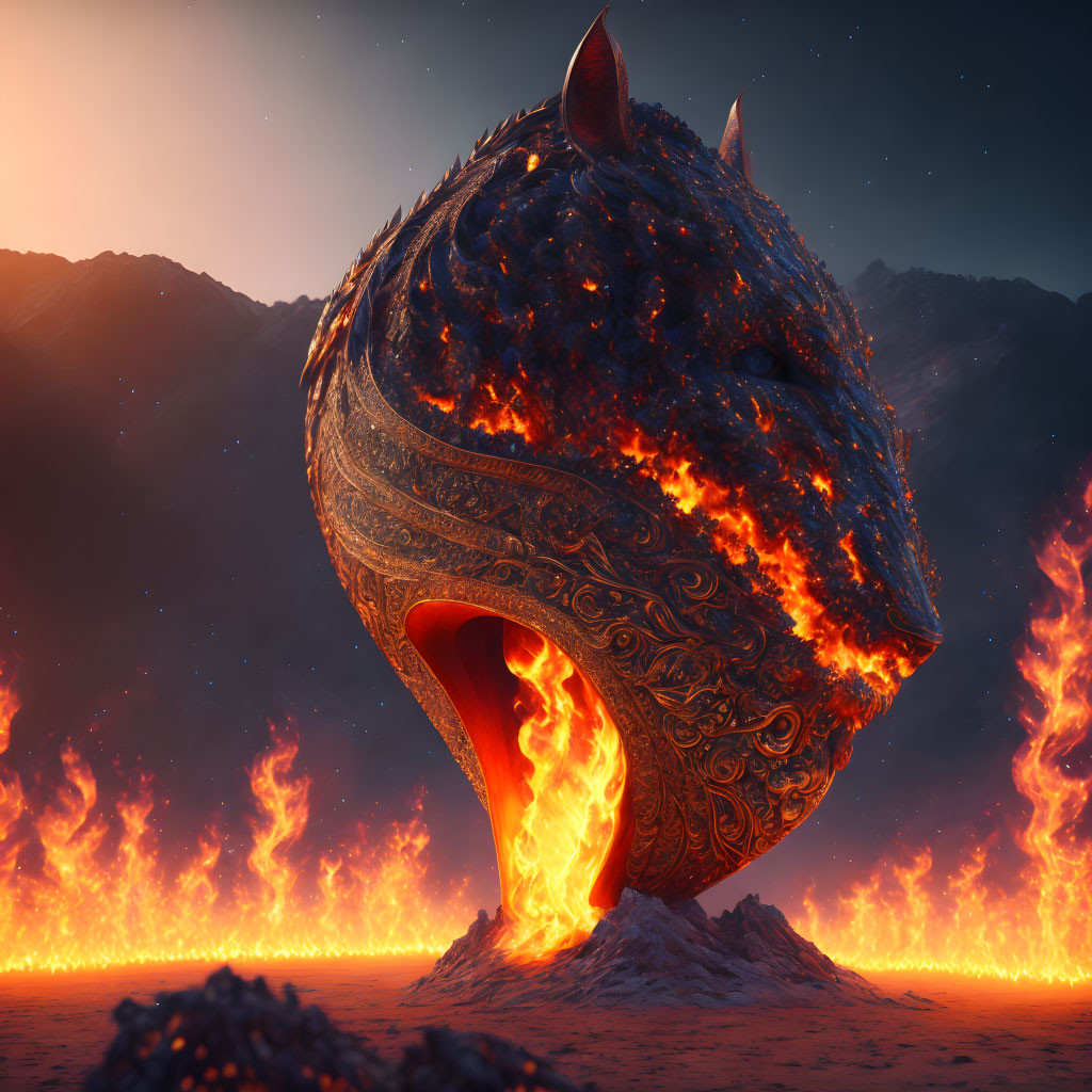 Giant ornate rat head sculpture spews lava in volcanic landscape