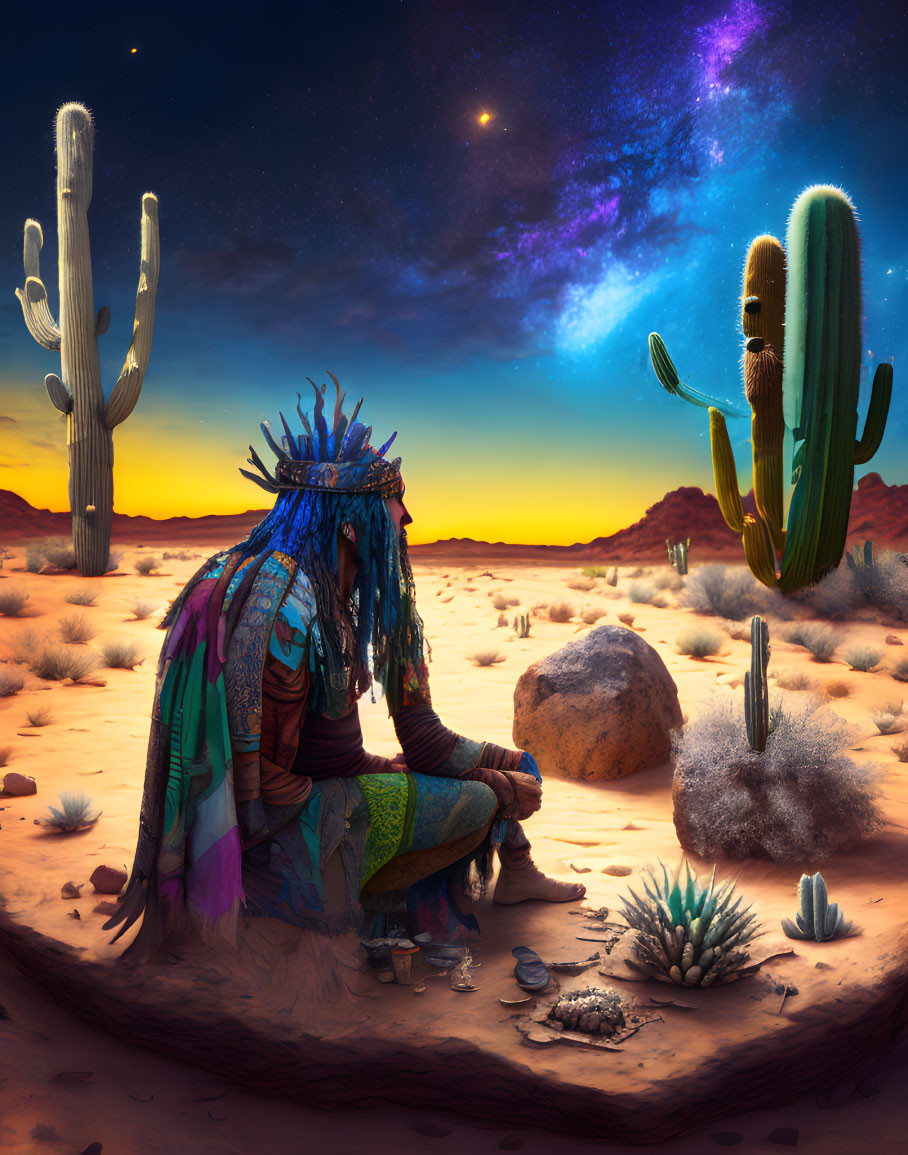 Person in tribal attire under starry desert sky with galaxy.