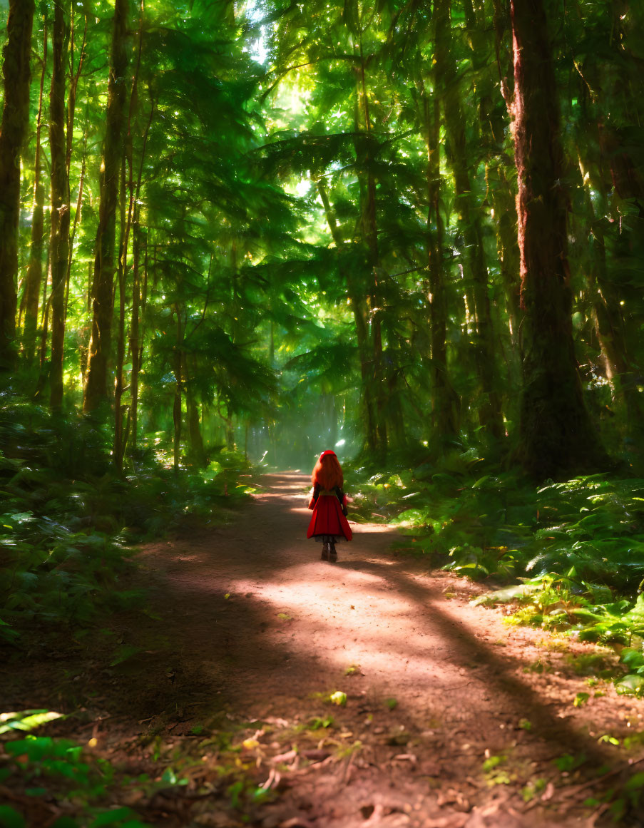 Person in Red Cloak on Forest Path with Sunlight Through Trees