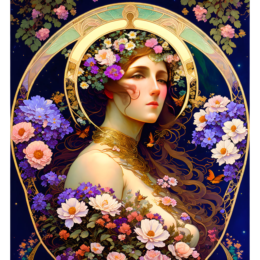 Art Nouveau Woman with Floral and Golden Details on Starry Night Background