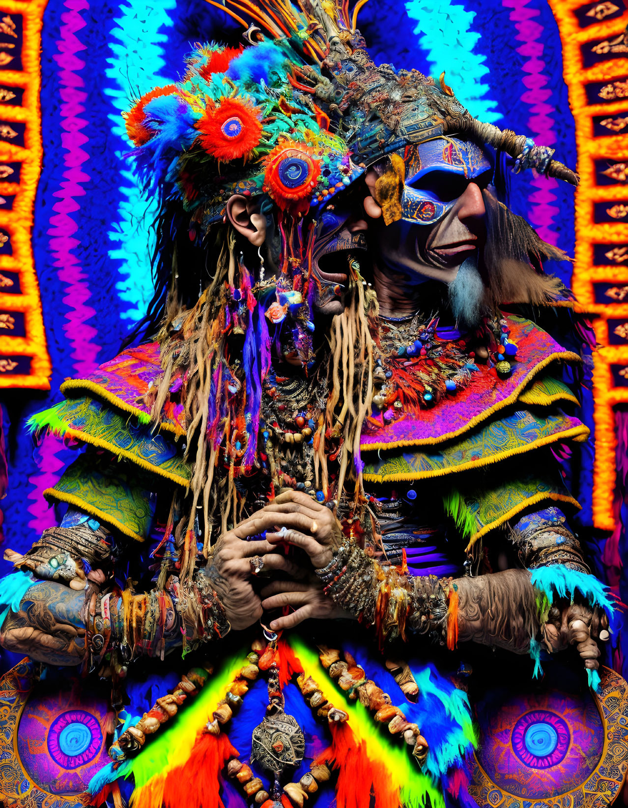 Vibrant tribal costume with feathers, beads, and masks on psychedelic backdrop