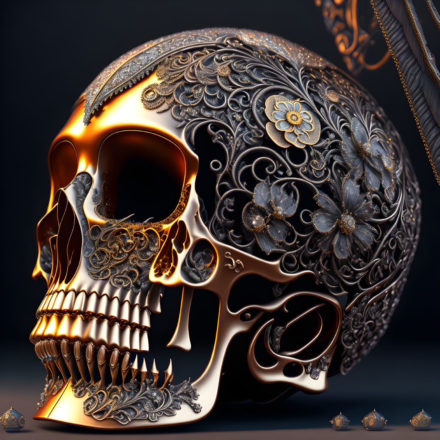 Intricate gold and silver floral patterns on ornate skull against dark background