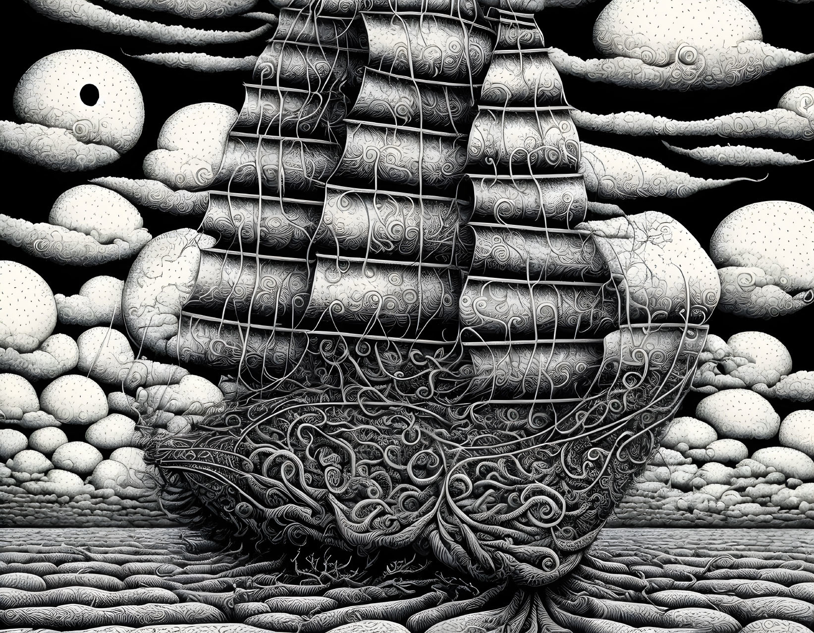 Detailed Monochrome Surreal Ship Artwork with Ornate Patterns on Cloud Sea