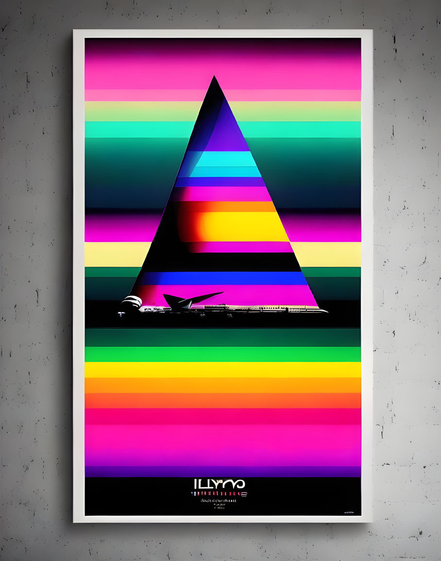 Colorful Striped Poster with Dark Triangle and Airplane Silhouette