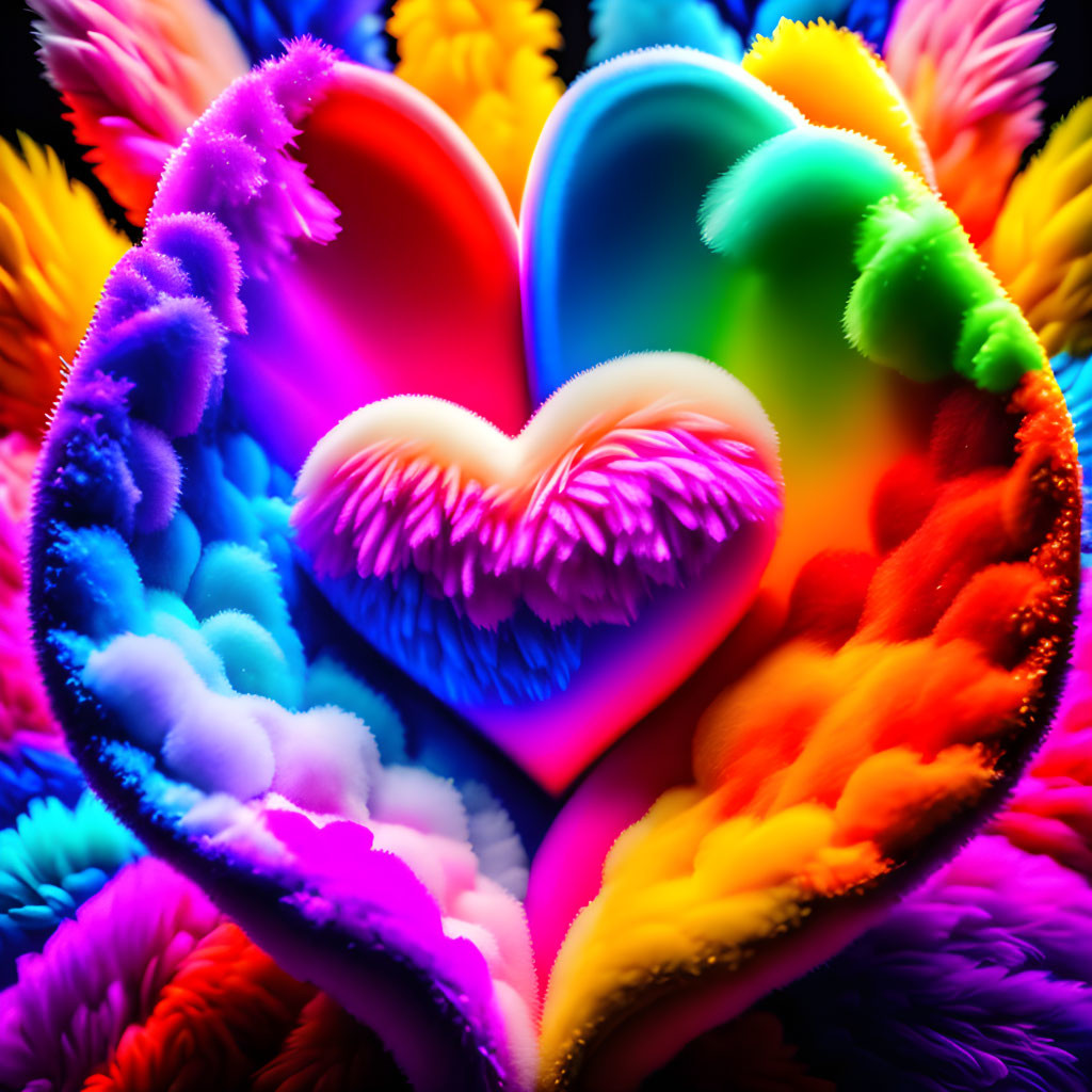 Colorful Digital Artwork: Heart with Feather-Like Textures in Rainbow Colors