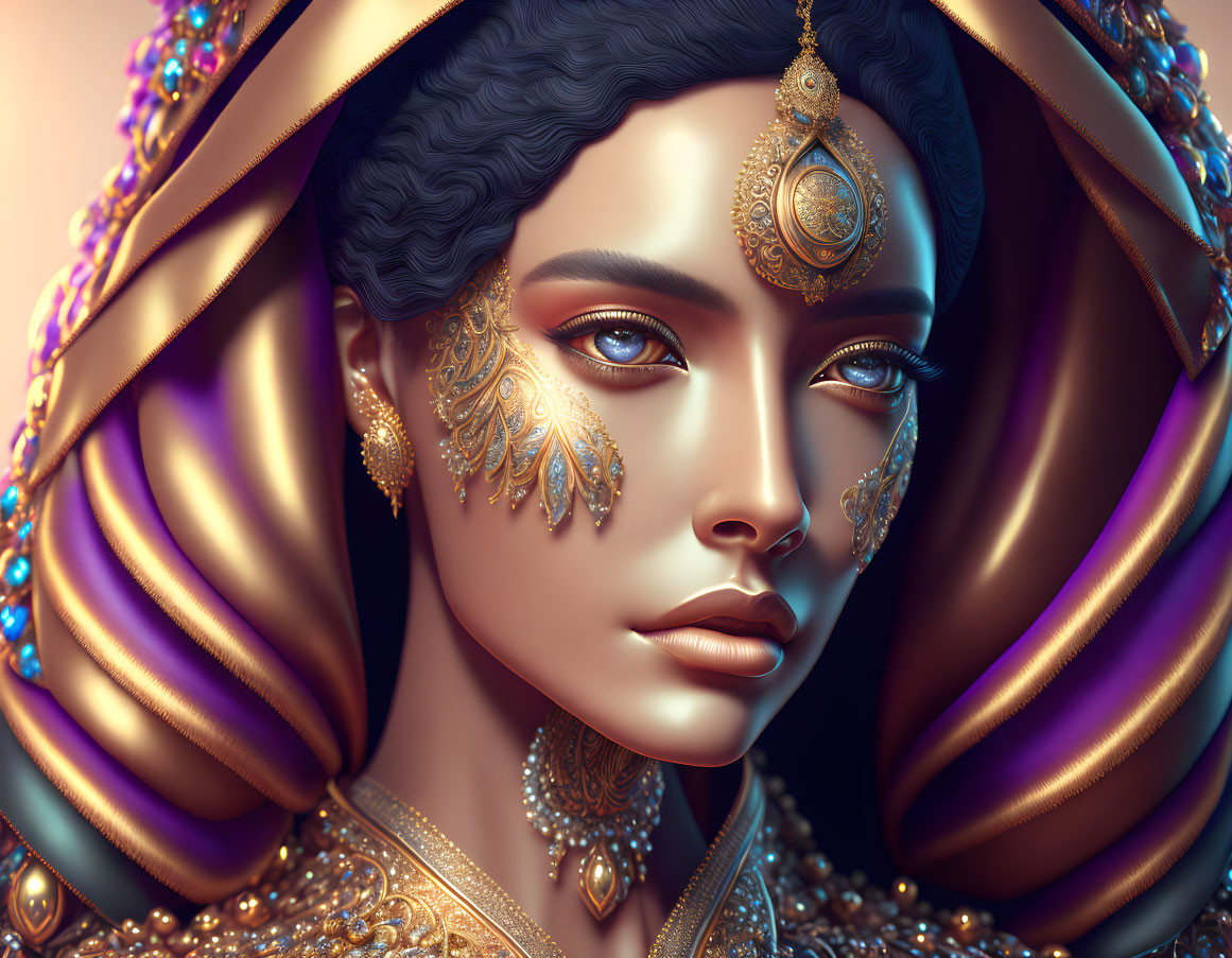 Digital artwork featuring woman with golden facial jewelry, blue eyes, ornate headwear