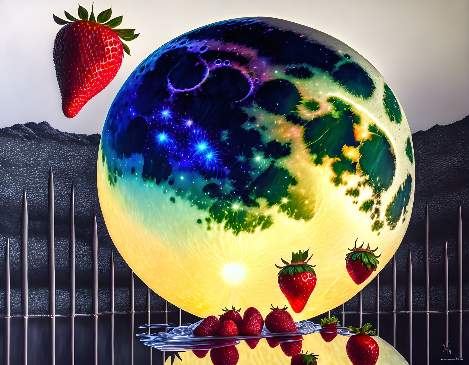 Giant floating strawberry above planet with smaller strawberries on shiny surface