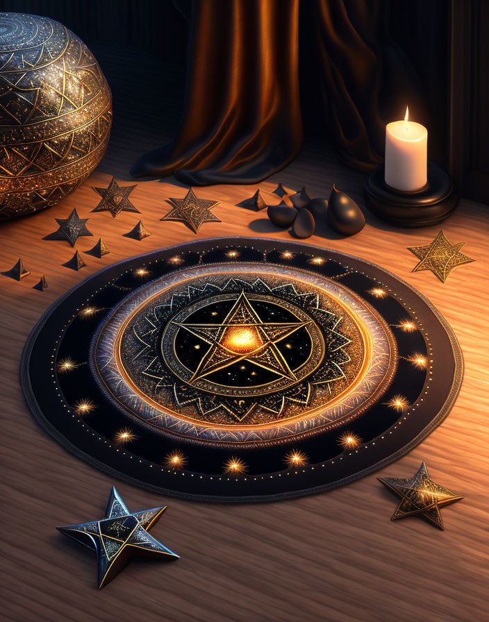 Ornate circular symbol surrounded by stars, candles, spheres, and draped curtains in dim lighting