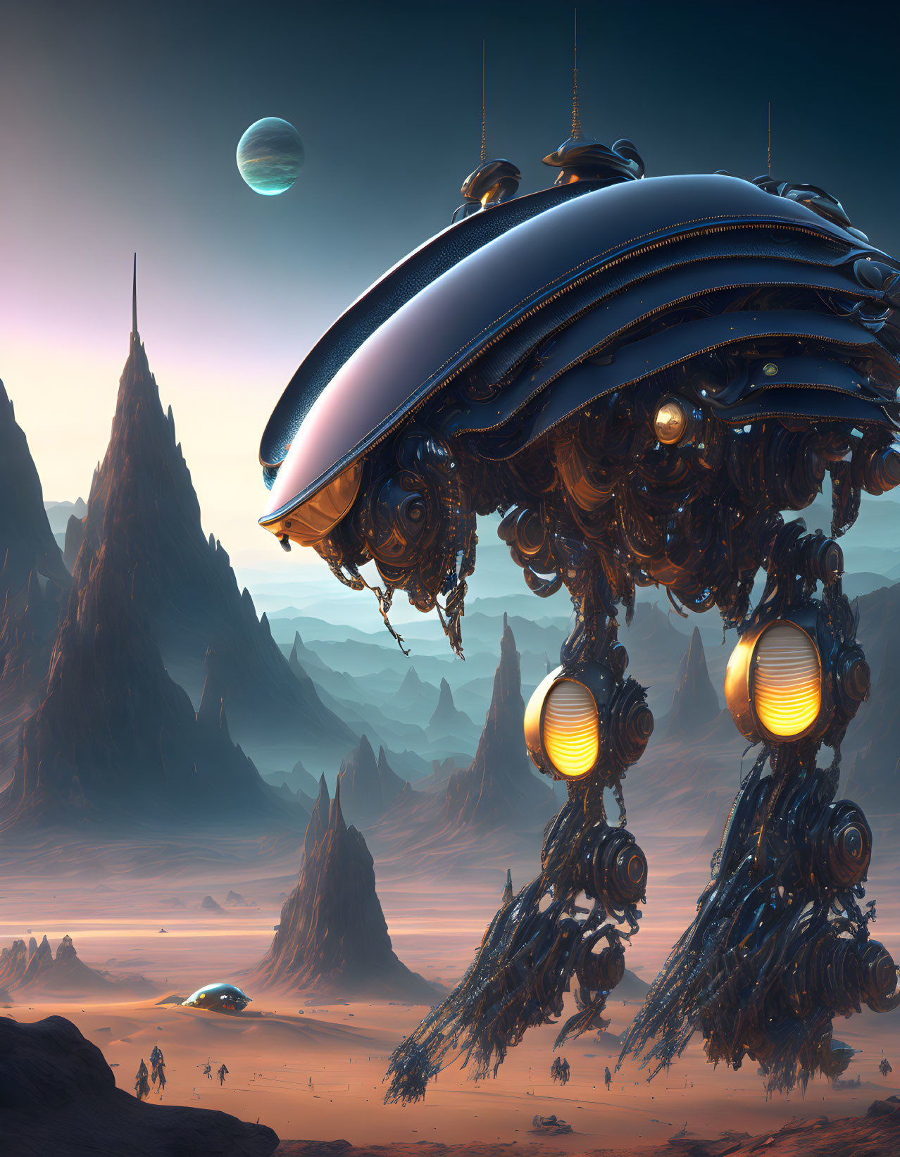 Alien spaceship above barren landscape with distant planet and pink sky